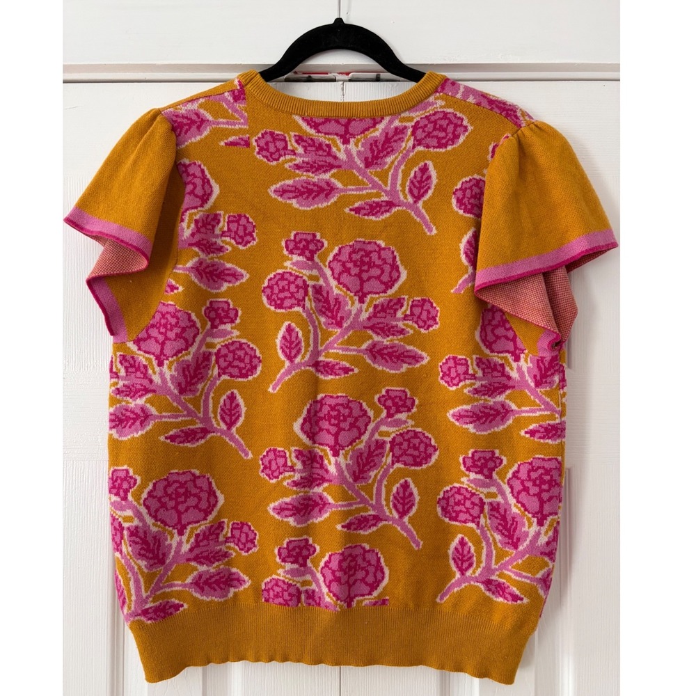 THML Women Mustard Yellow Pink Floral Flutter Sleeve Knit Sweater Top TMK2164 L
